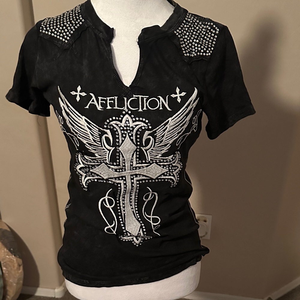 Affliction Black and White Studded Cross Tee